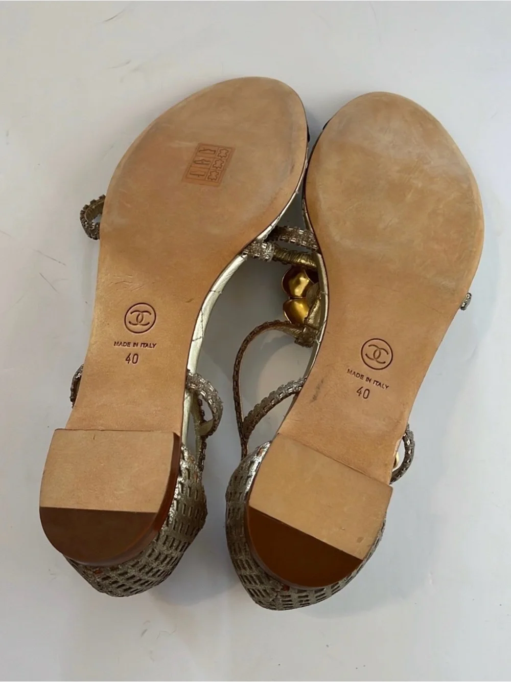 Chanel Gold Quilted CC Camelia Sandals‎